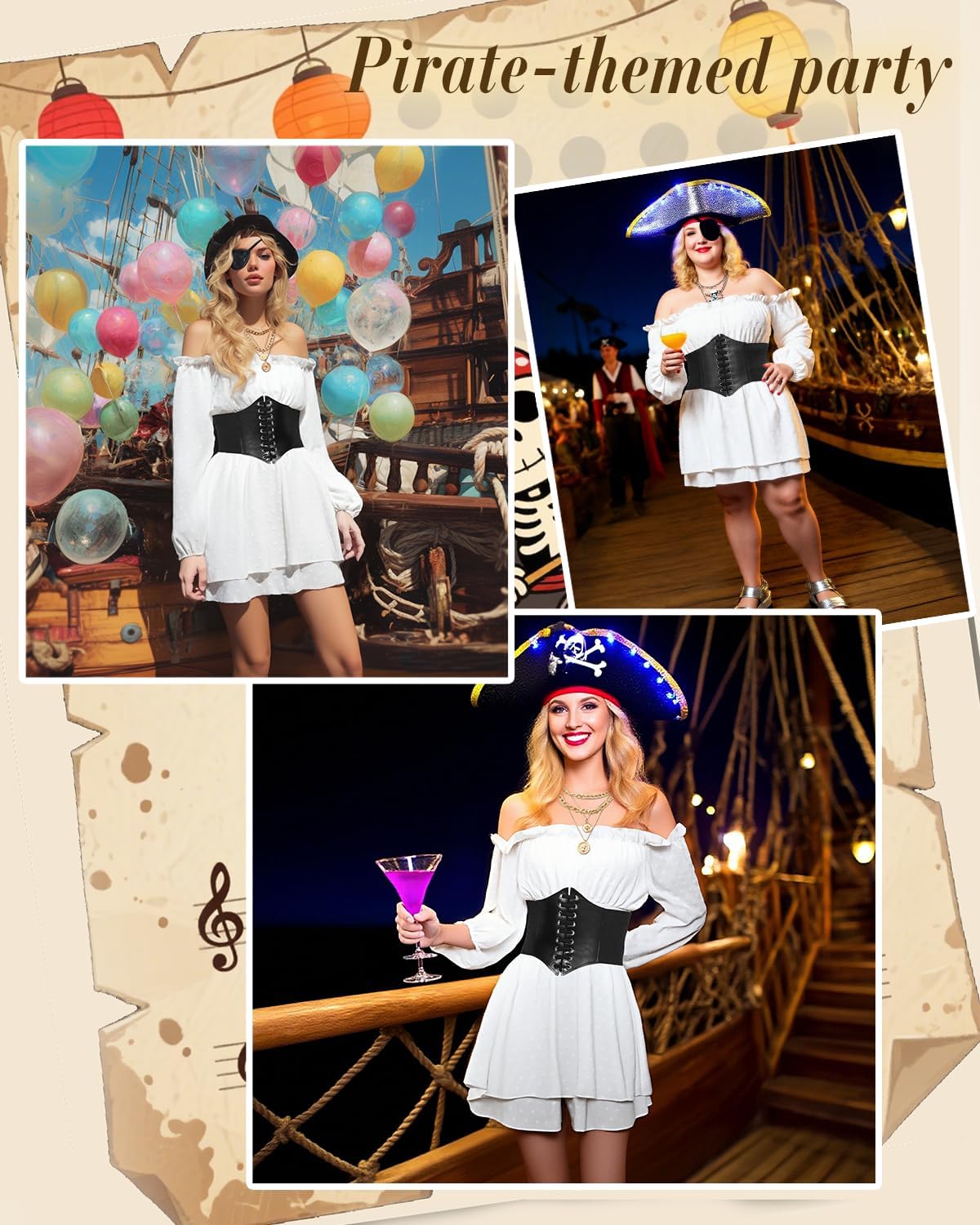 Women Pirate Costume Dress with Corset Accessories Long Sleeve Romper Short Off Shoulder Dress - Image 4