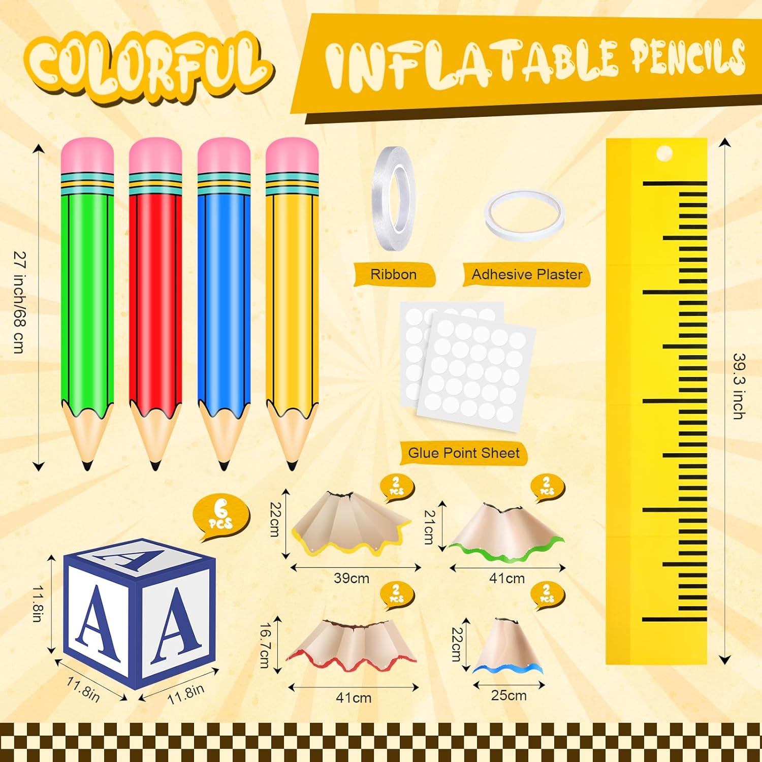 21 Pcs Giant Back to School Decoration Large Inflatable Pencil Crayon Balloon with ABC 123 Balloon Box Pencil Shaving Cutouts Hanging Ruler for Back to School Classroom Birthday Party Decor(White)