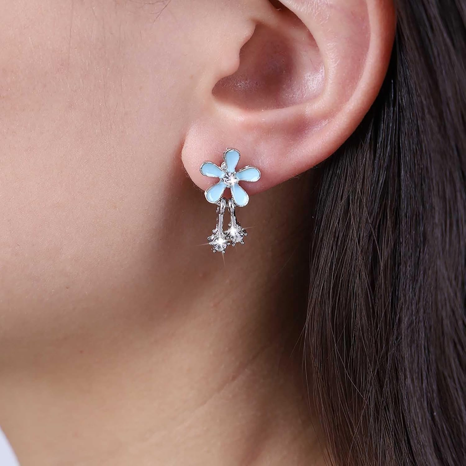 Andelaisi Boho Resin Flower Earrings Vintage Enamel Flower Stud Earrings Blue Flower Crystal Dangle Earrings Personalized Flower Petal Earrings Jewelry for Women - Image 2