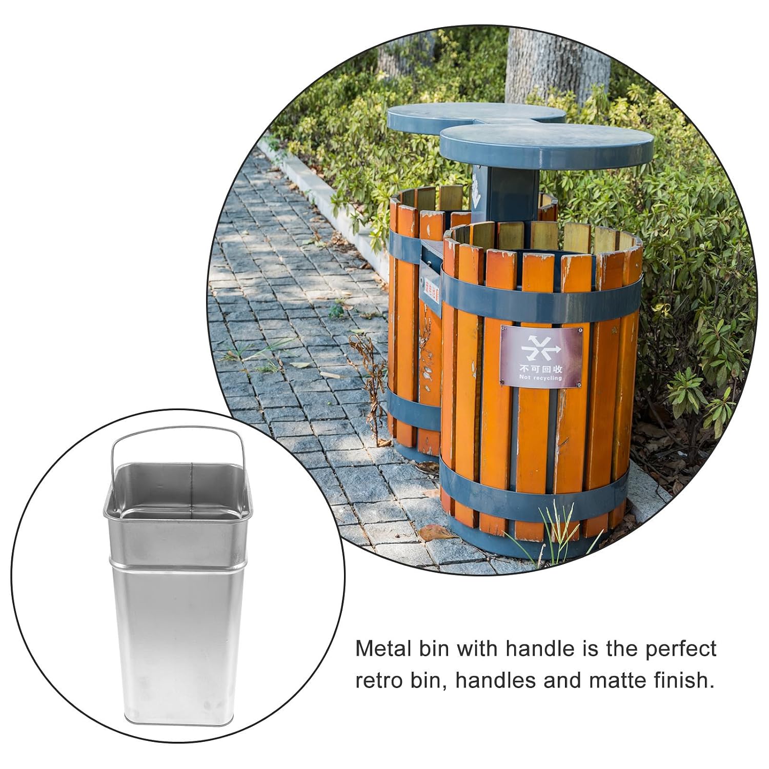 Portable Galvanized Sheet Garbage Can with Large Capacity and Striped Body, Silver Outdoor Trash Bucket for Garbage Storage, Simple and Generous Matte Finish Design