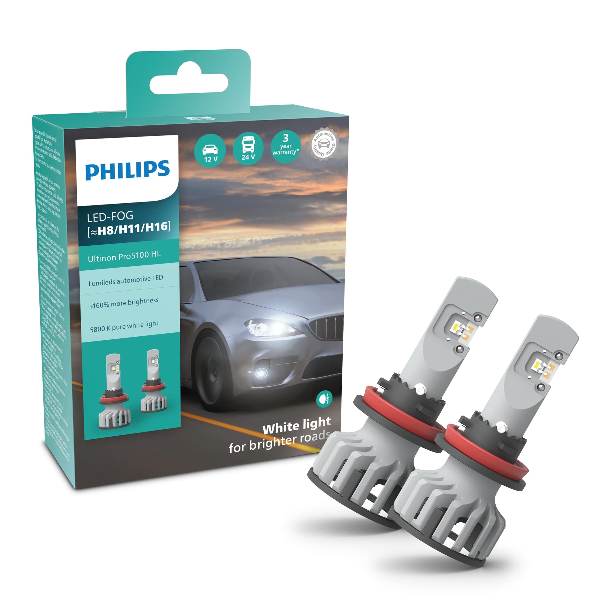 Philips Ultinon Pro5100 LED lampadina fari auto (H8/H11/H16), +160%, 5.800K, set di 2