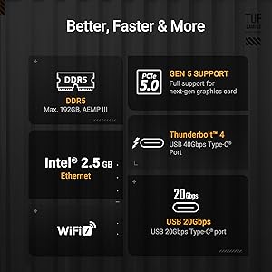 ASUS TUF Gaming Z890-PLUS WiFi Z890 LGA 1851 ATX Motherboard, Intel Core Ultra Series 2 Ready, Advanced AI PC-Ready, 16+1+2+1 Stages, DDR5, PCIe 5.0, Thunderbolt 4 Type-C, 4X M.2, Wi-Fi 7, 2.5Gb