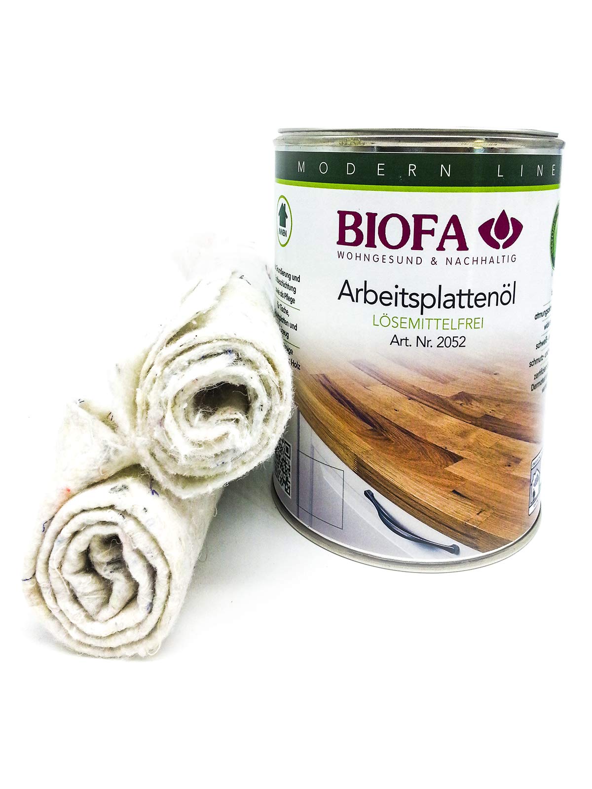 Eco-Werk Set | Biofa Arbeitsplattenöl kobaltfrei 1 Liter, Set mit 2 Ölsaugtüchern