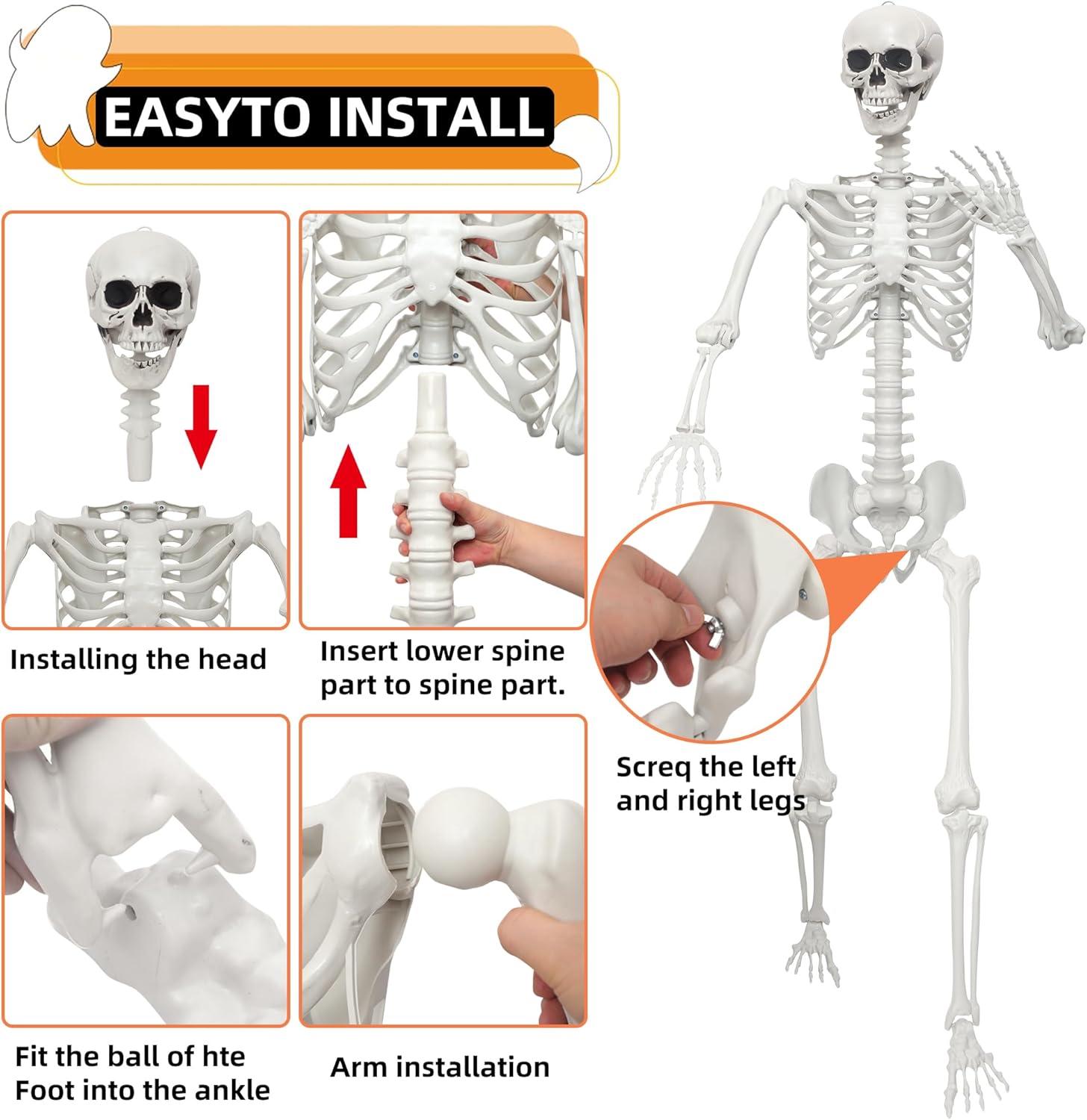 7.8Ft Giant Skeleton Life Size Realistic Plastic Human Skeleton with Movable Joints for Halloween Front Lawn Decorations