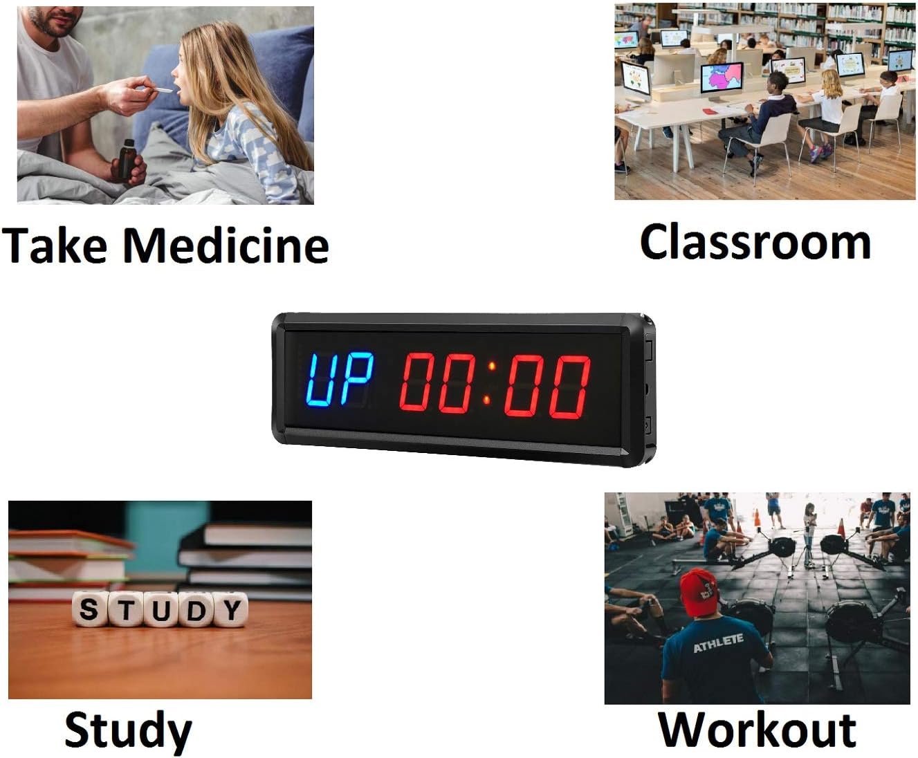 Gym Timer Clock Digital Interval Tabata Workouts Fitness Wall Small with Remote Home Garage Office Jujitsu School Referee Studio Church Service (Two Blue+Four Red 1.5")