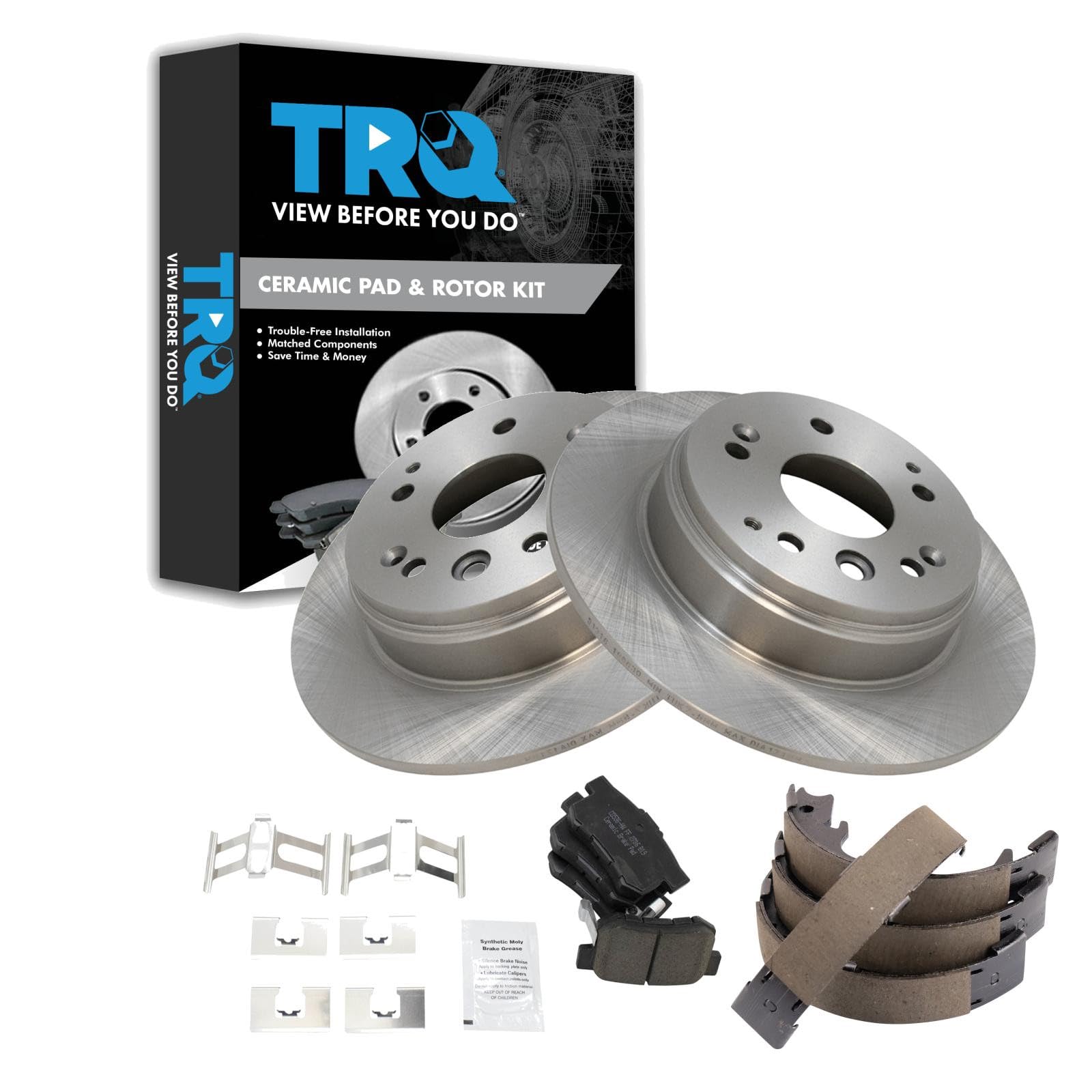 TRQ Rear Brake Pad and Rotor Set Ceramic Parking Brake Shoe Compatible with 2004-2008 Acura TL 2003-2011 Honda Element