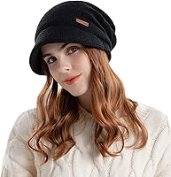 Vista 5 de Gorro de punto holgado para mujer, con forro polar cálido, gorro elástico con visera