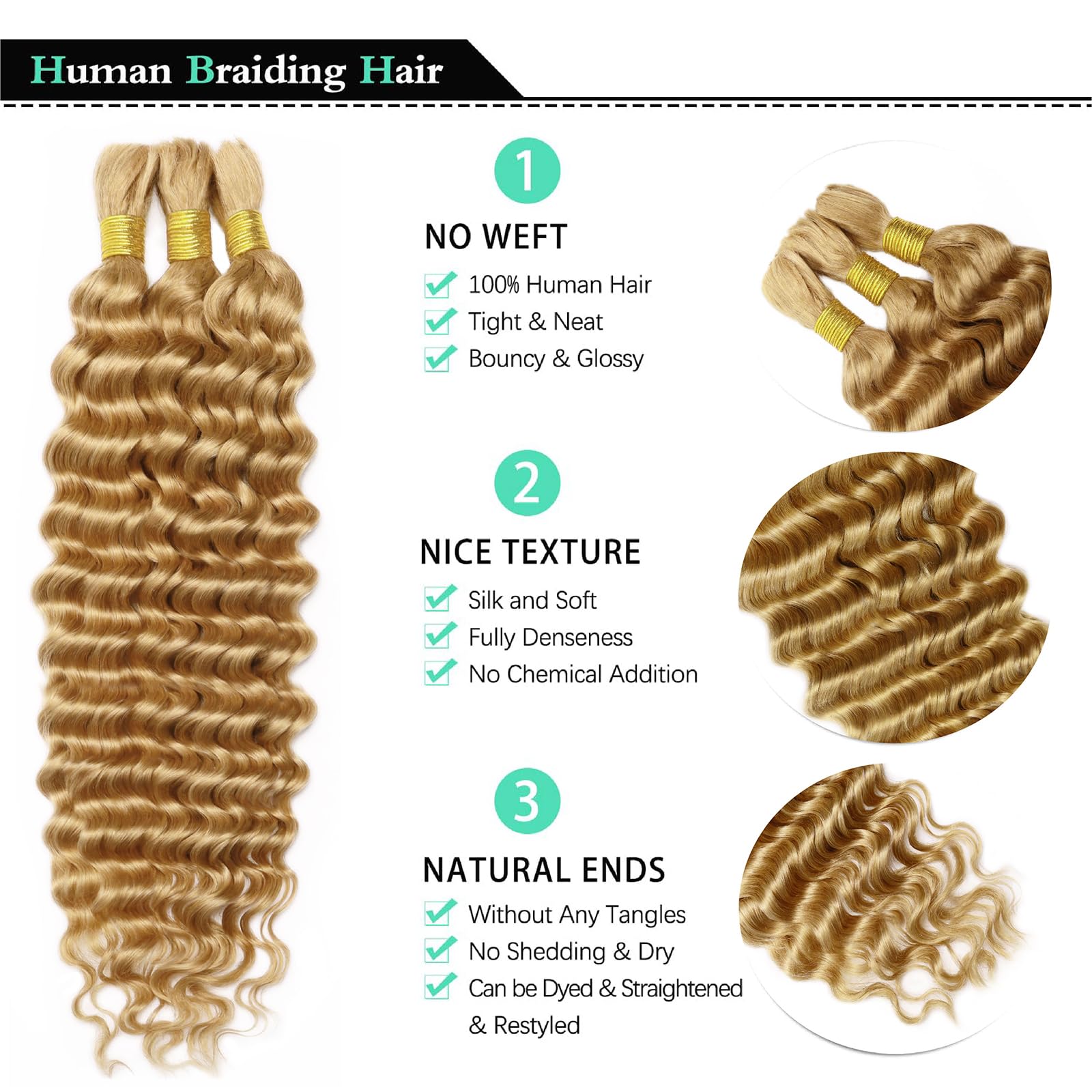 100% Virgin Human Hair Braiding Hair for Boho Braids, Bulk No-Weft