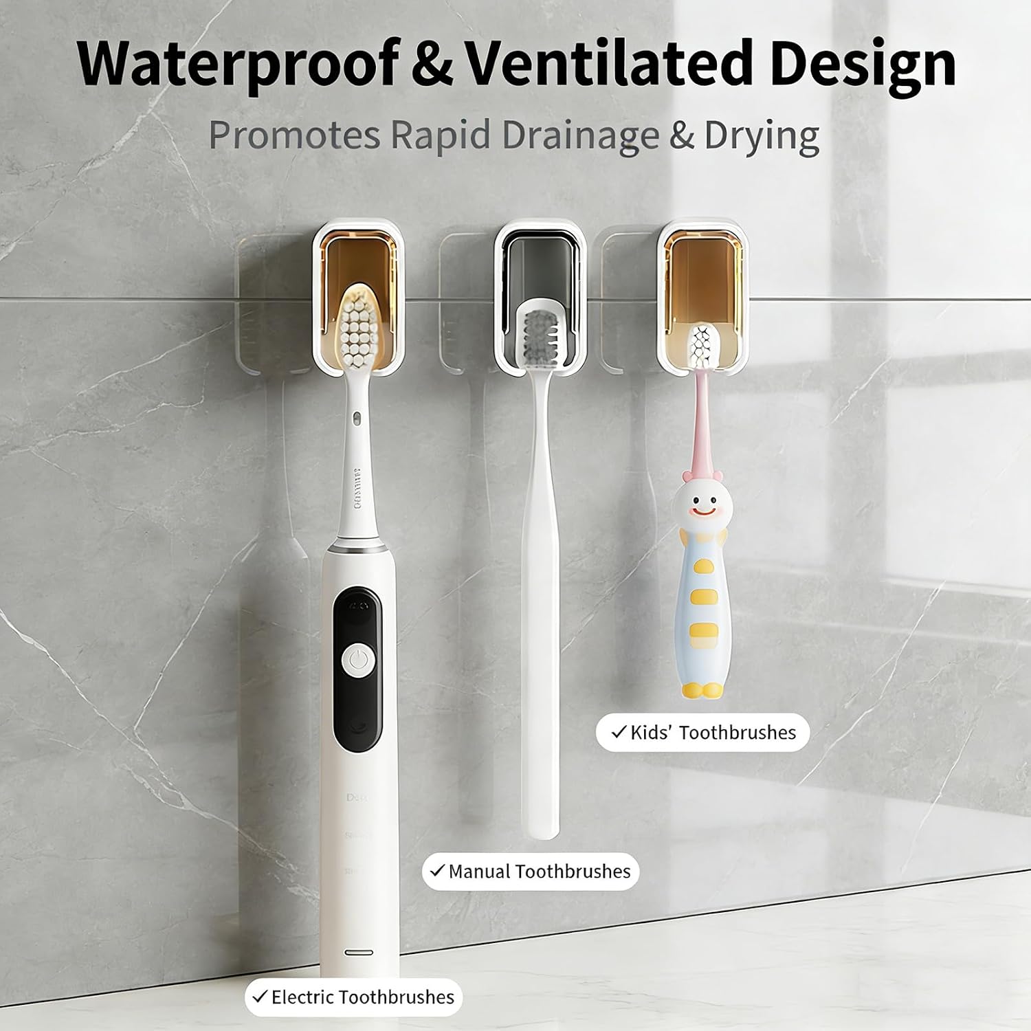 3pc Wall Mount Toothbrush Holder with Lid Self Adhesive, No Drill
