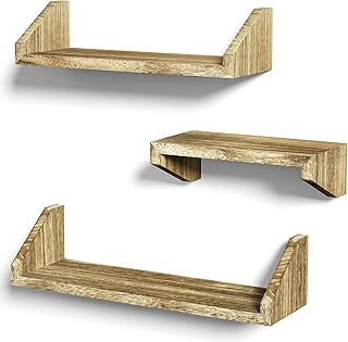 SZQINJI Floating Shelves Wall Mounted Solid Wood Shelf Display Ledge Storage Shelves for Living Room Kitchen Bathroom Carbonized Black Set of 3