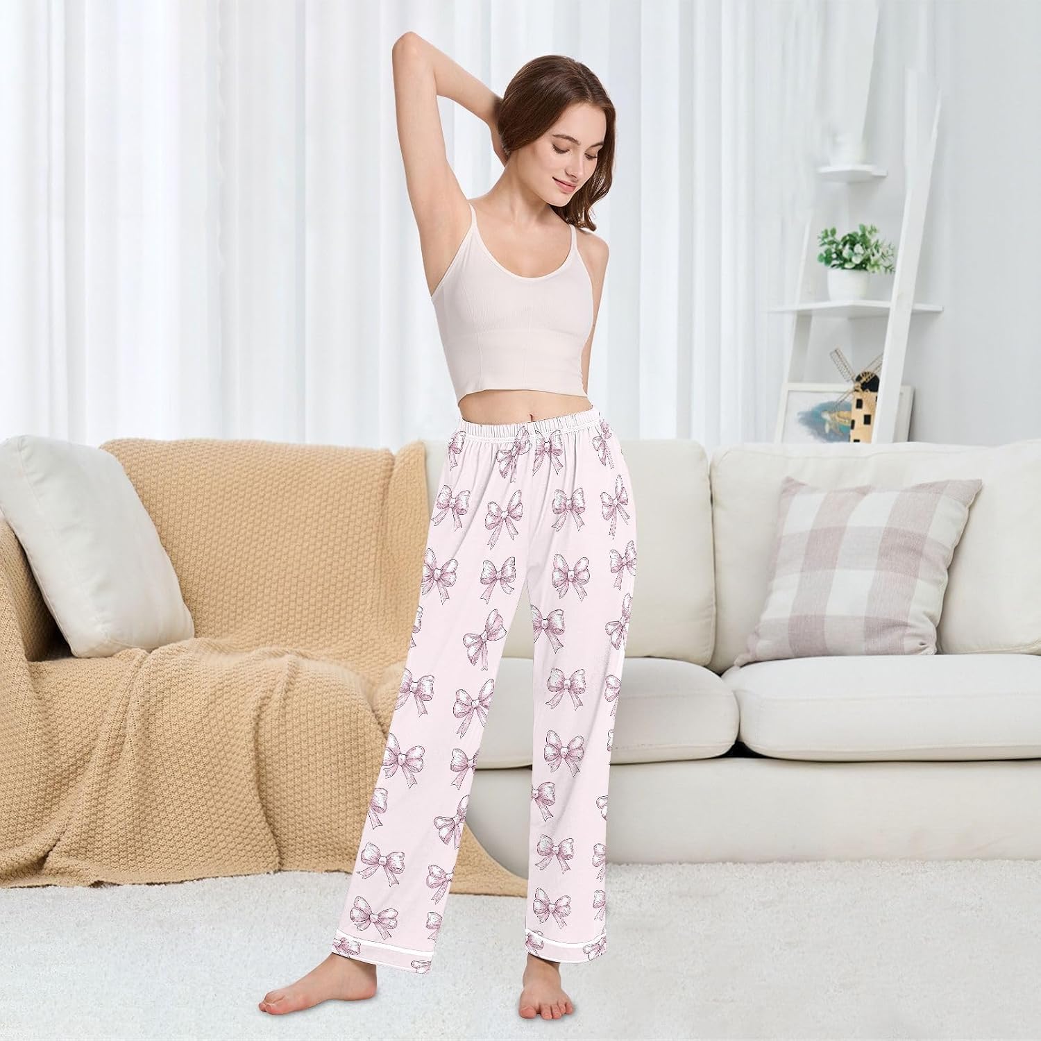 Pajama Pants Women Bows Pink Printed Soft Sleep Lounge Pj Bottoms with Pocket S-XXL