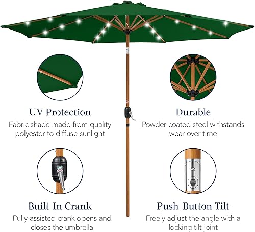 Vista 55 de Best Choice Products - Sombrilla solar de 7.5 pies para exteriores, patio, mesa, mercado, terraza, piscina con inclinación, manivela, luces LED