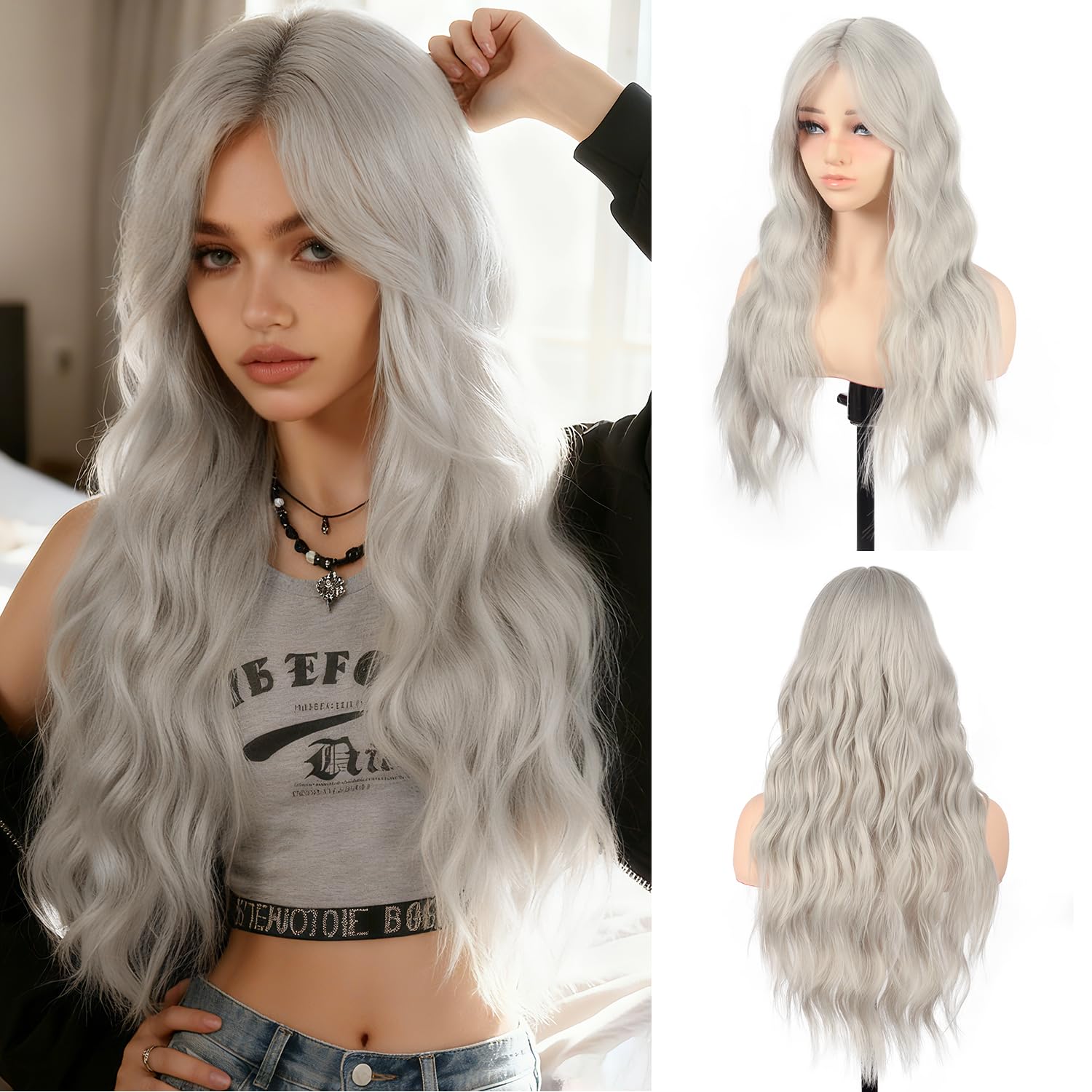 BrittyHair Gray Wigs for Women 26 Inch Long Gray Wig with Bangs Long Curly Synthetic Wigs Natural Looking Heat Resistant Wavy Wig for Daily Party Halloween Cosplay Use