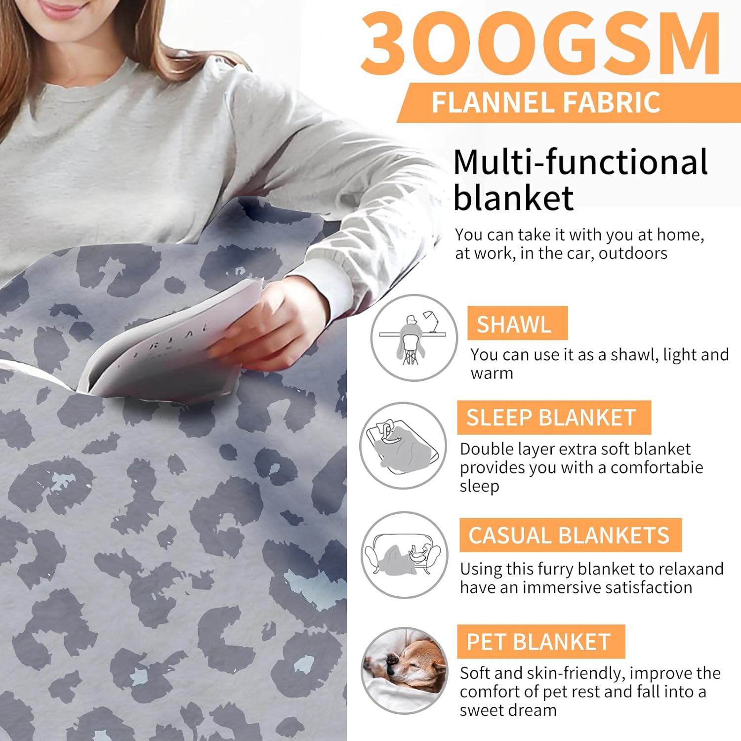 Throw Blanket for Couch, 300GSM Warm Soft Cozy Flannel Blanket, Cute Blanket for All Seasons Bedroom Home Decor Gifts, Luxury Grey Leopard 50x60 Inches - Image 4
