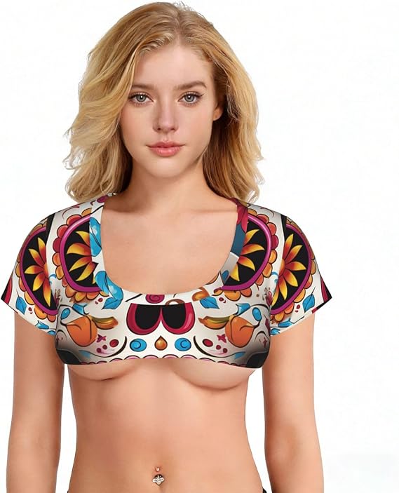 Colorful Sugar Skull Sexy Crop Top for Women Short Sleeve Tank Top Mini T-Shirts Vest Tank Summer Tees