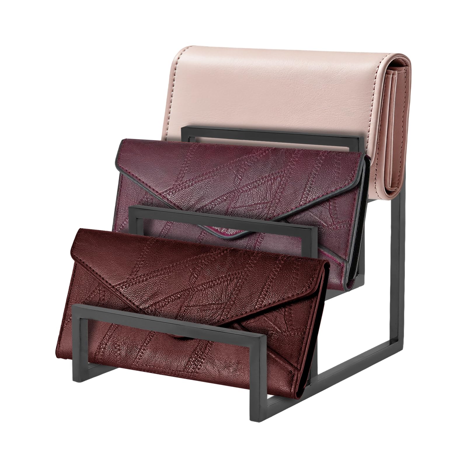 Soporte para cartera de 3 niveles de acero inoxidable, soporte para bolsos de negocios, soporte para mesa o armario, para almacenamiento elegante, 15 x 18 x 20 cm (negro)