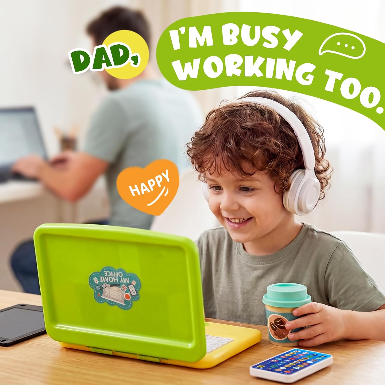 Kids Pretend Play Toys-Toddler Pretend Play Home Office Playset with Toy Laptop & Phone LCD Writing Tablet Headset & Toddlers Beverage Cup Birthday Gifts for Boys Girls Age 3-5-7