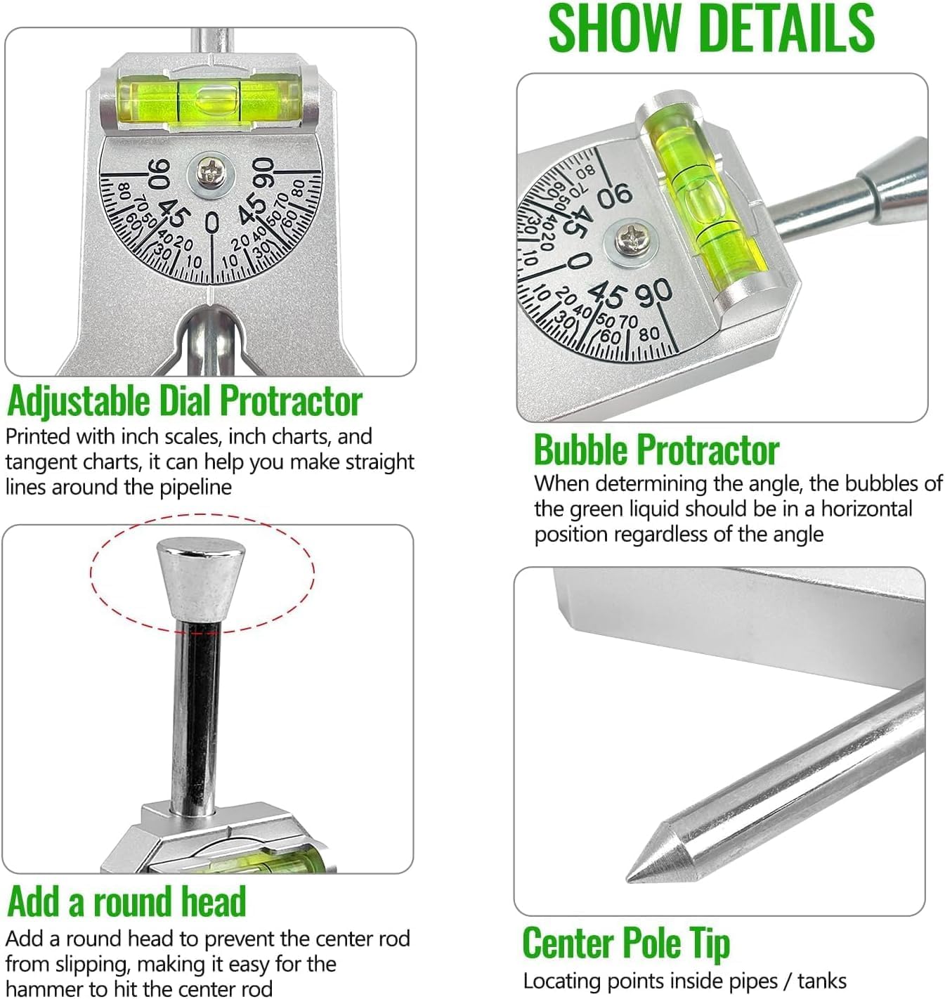 Pipe Center Finder Punch Tool, Fitting Tools, Stainless Steel Center Punch Tool, with Adjustable Dial Bubble Protractor, Pipe Marker for 1/2" or Larger, Marking and Positioning for Pipe Fitters