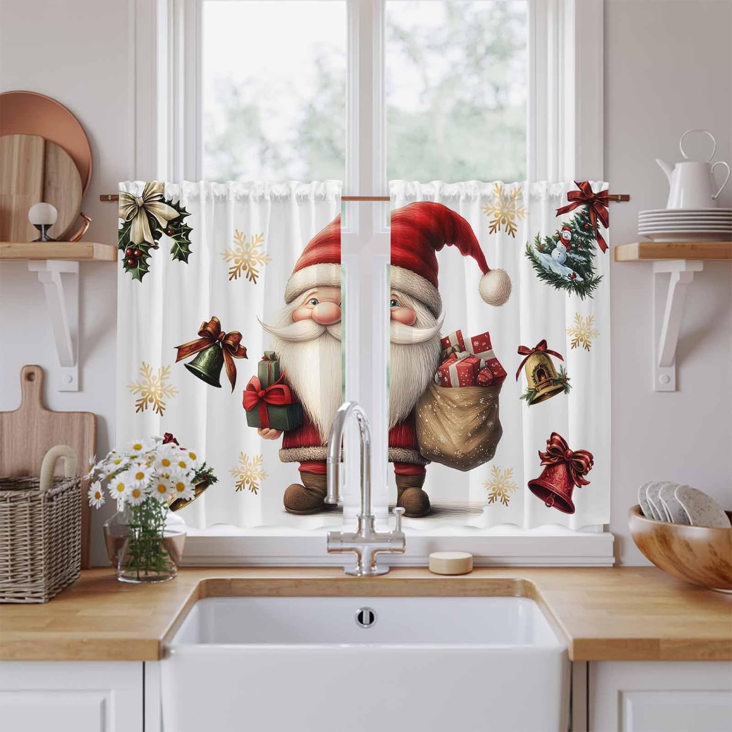 Christmas Snowflakes Kitchen Tier Curtains 45 Inch Long 2 Panel Set,Rod Pocket Short Window Treatment,Xmas Winter Gnomes Bells White Curtains & Drapes for Bathroom Basement 27.5"W x 45"L