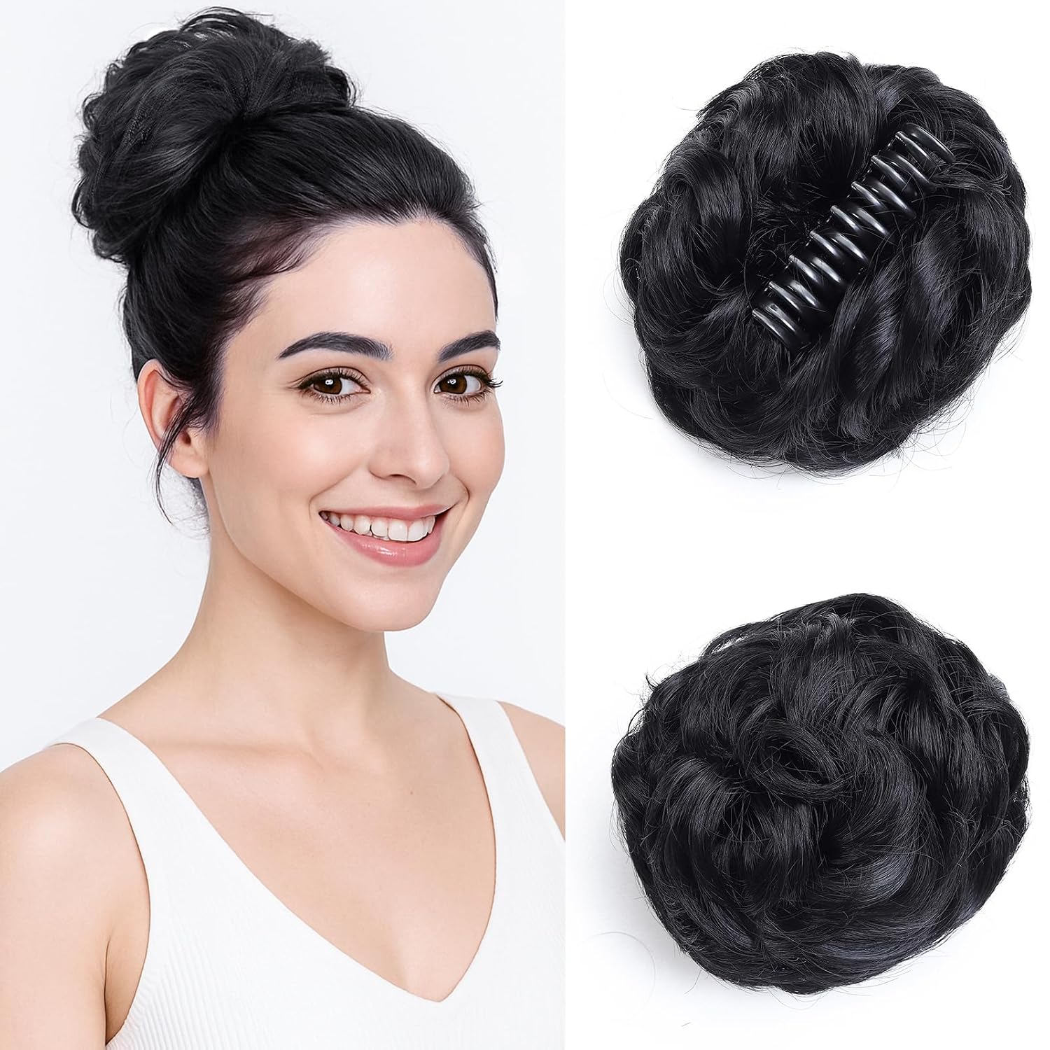 Messy Bun Hair Piece, Claw Clip Bun Hair Pieces for women, Curly Fake Buns Tousled Updo Hairs Extensions for Daily Wear and Special Occasions (1B#, 1 Count)