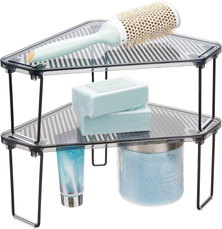 Estante apilable en esquina de plástico/acero, estante organizador de almacenamiento para baño, tocador, encimera, fregadero, gabinete, soportes de maquillaje, accesorios de ducha, colección Ligne - Paquete de 2 - Negro/gris humo