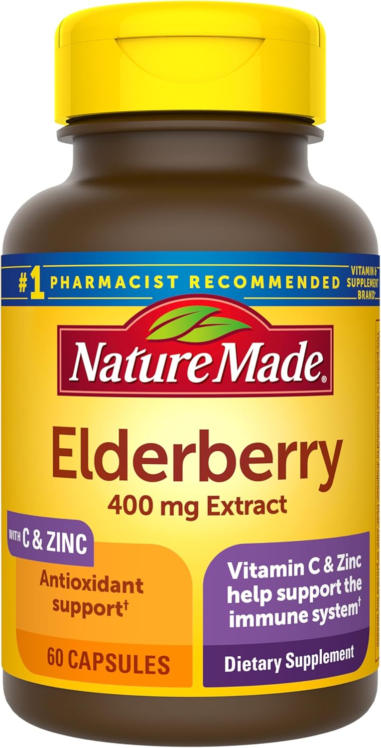 Nature Made Elderberry, Vitamin C and Zinc Capsules, 400 mg Elderberry Extract, Dietary Supplement for Immune Support, 60 Capsules, 60 Day Supply