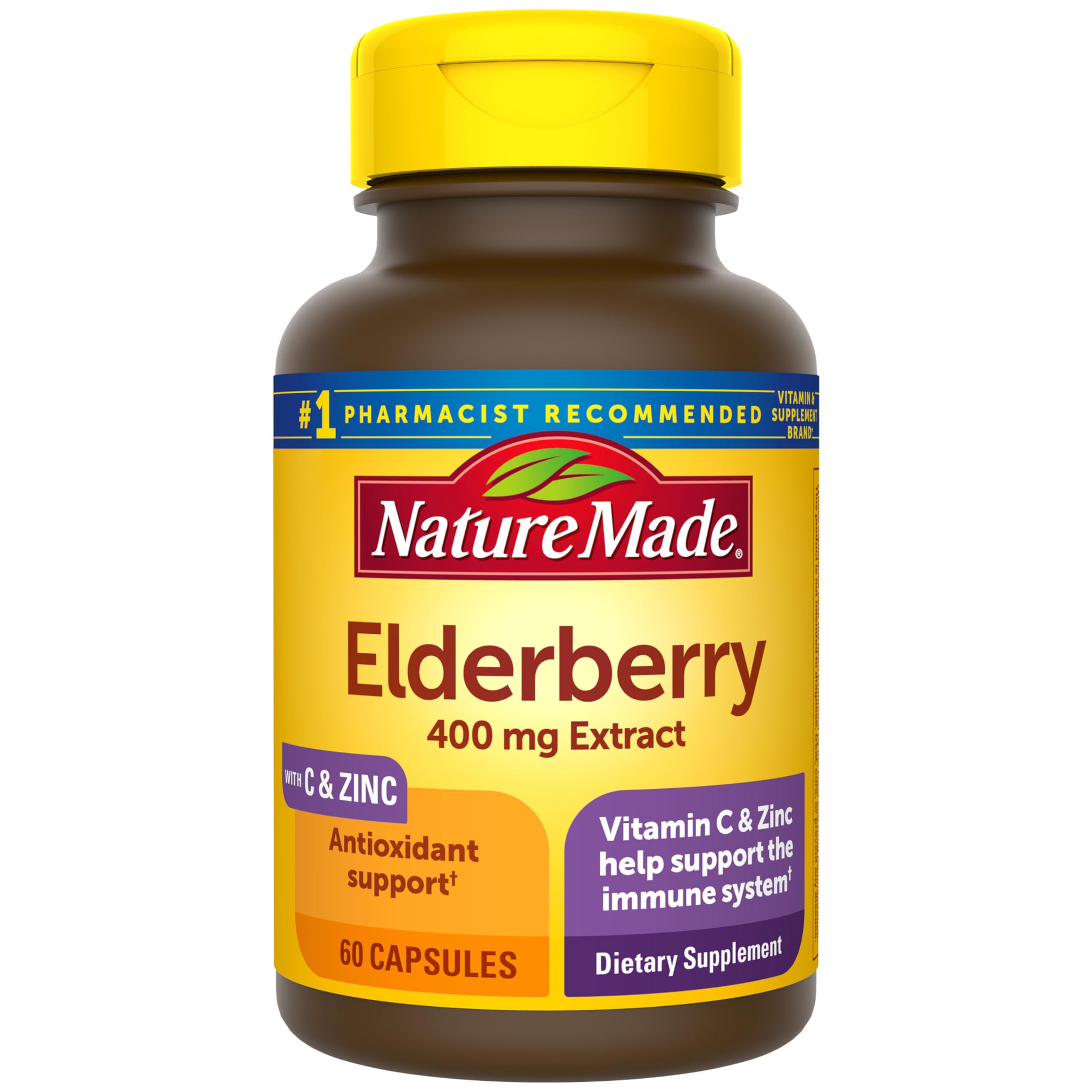 Elderberry, Vitamin C and Zinc Capsules, 400 mg Elderberry Extract, Dietary Supplement for Immune Support, 60 Capsules, 60 Day Supply