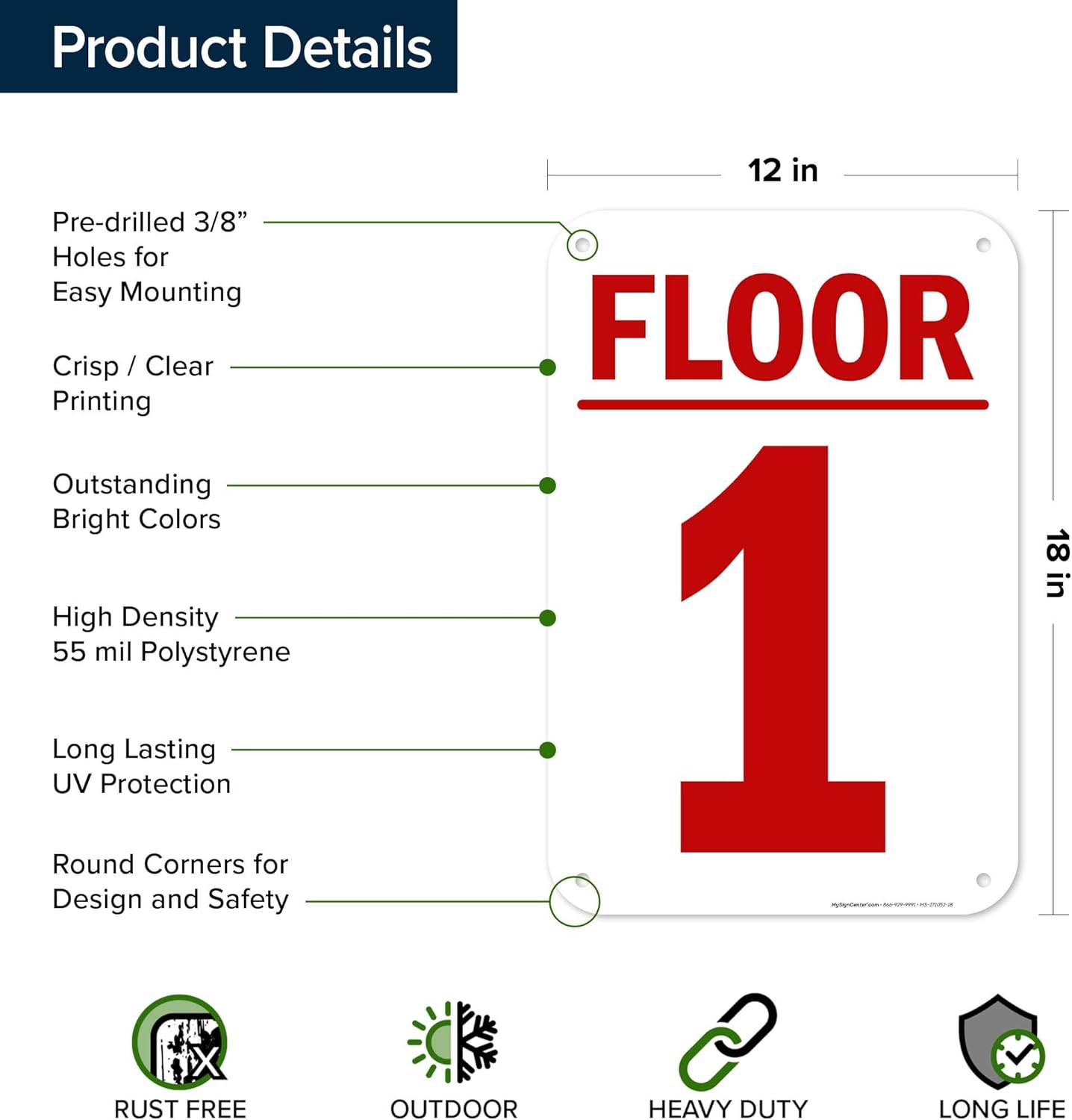 Floor 1 Sign, 12x18 Inches, 55 mil thick HDPS (high density polystyrene), Made in USA by My Sign Center