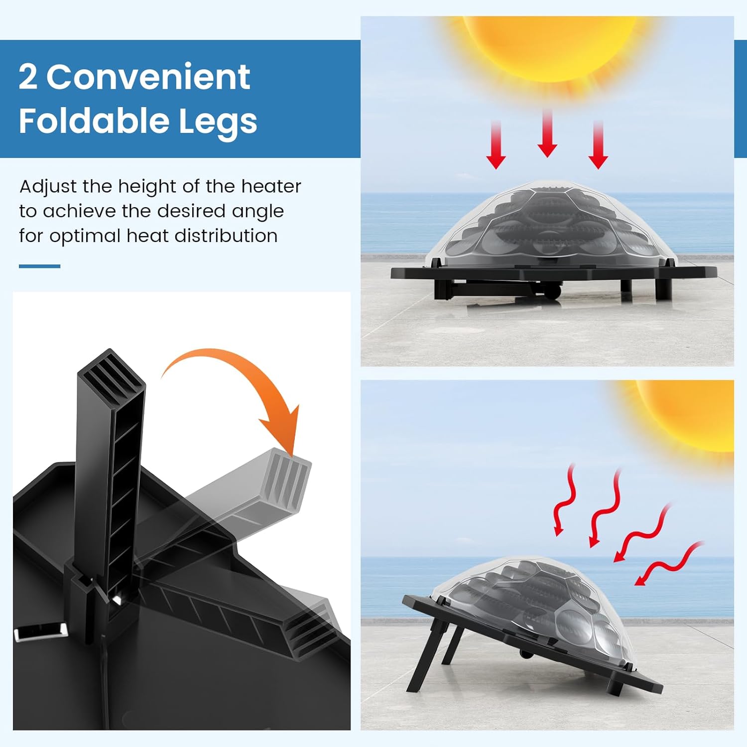 Images showing the two foldable legs of the solar heater, demonstrating how they can be adjusted for angle and folded down for storage.