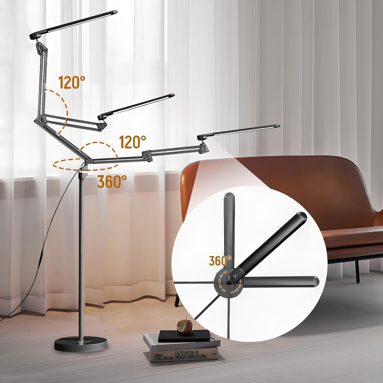 Diagram illustrating the 120-degree and 360-degree rotation capabilities of the lamp's swing arm and head