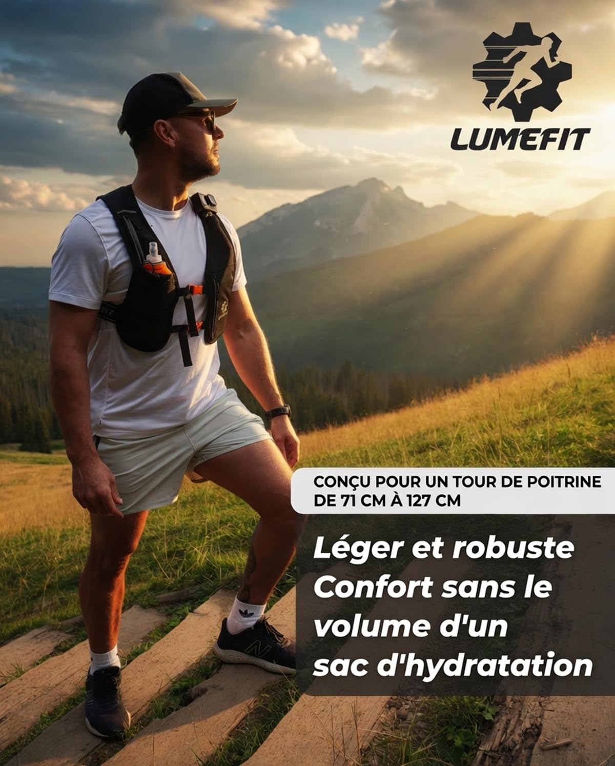 LUMEFIT Gilet Running - Gilet Réfléchissant & Sac à Dos Réglable avec Porte-Téléphone, Pochette Imperméable & Gourde 500ml - pour Homme et Femme, Idéal Course à Pied & Trail