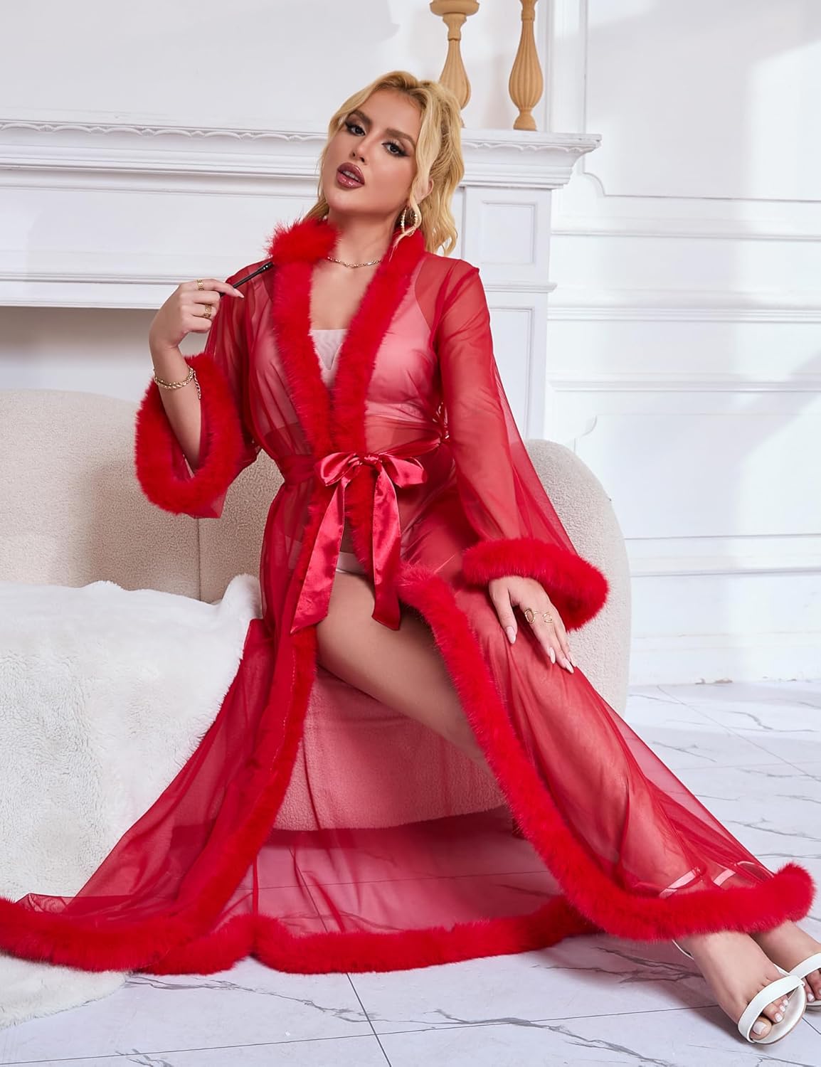 comeondear Women Lace Gown Kimono Robe with Fur Sexy Cover Up Chemise Bride Bathrobe Sleepwear - Image 6
