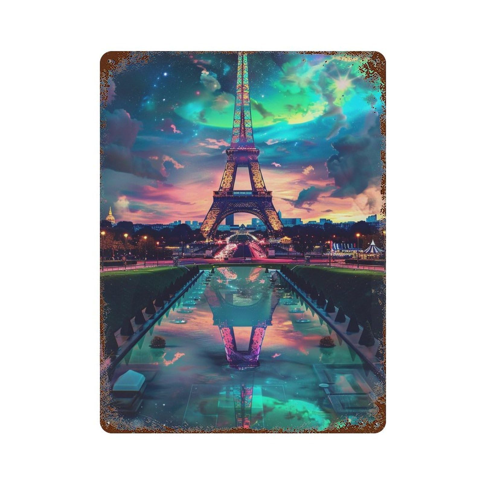 Eiffel Tower Reflection Night Retro Metal Sign 15.7"x11.8", for Bistro, Counter And Cafe Decor, Rustic Home Decor