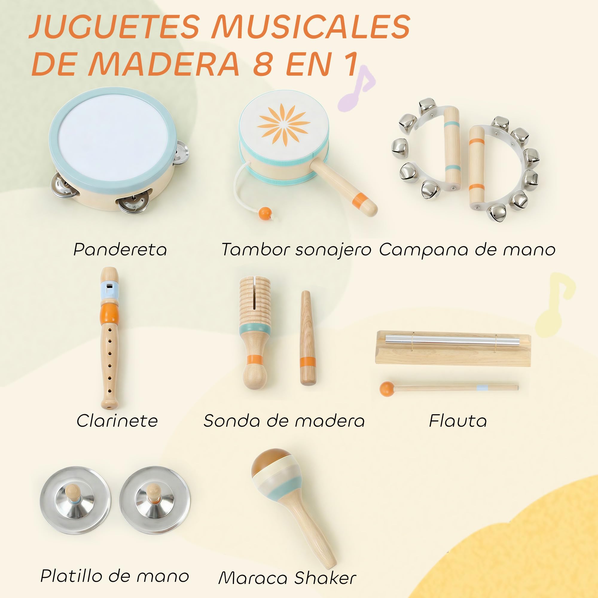 AIYAPLAY Instrumentos Musicales Infantiles 10 Piezas Madera Montessori | Set de Percusión con Pandereta y Maracas, Regalo para Niños y Niñas de+ 3 Años, para Cumpleaños