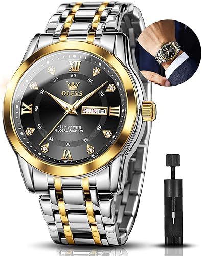 OLEVS Relojes para hombre, de acero inoxidable, analógico, de cuarzo, cronógrafo, fase lunar, impermeable, fecha, luminoso, reloj masculino, regalo