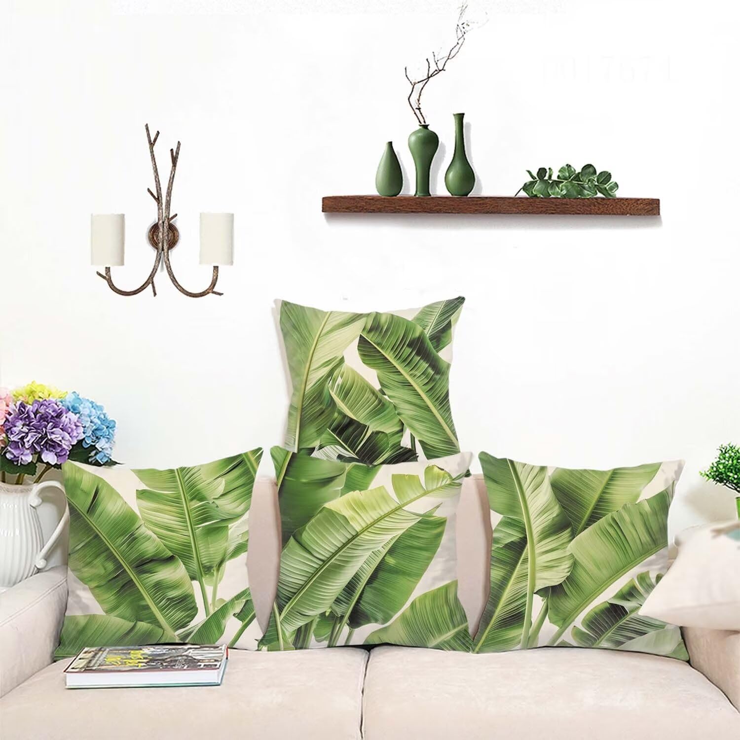 Fundas Cojines SuavesVerde Fundas Cojines Cuadradas Suaves Funda Almohada Cojines Suaves Sillas Jardin para Oficina Cama Sofá Banco Interior o Exterior Juego de 4 Funda Cojin Hojas Tropicales mu-447