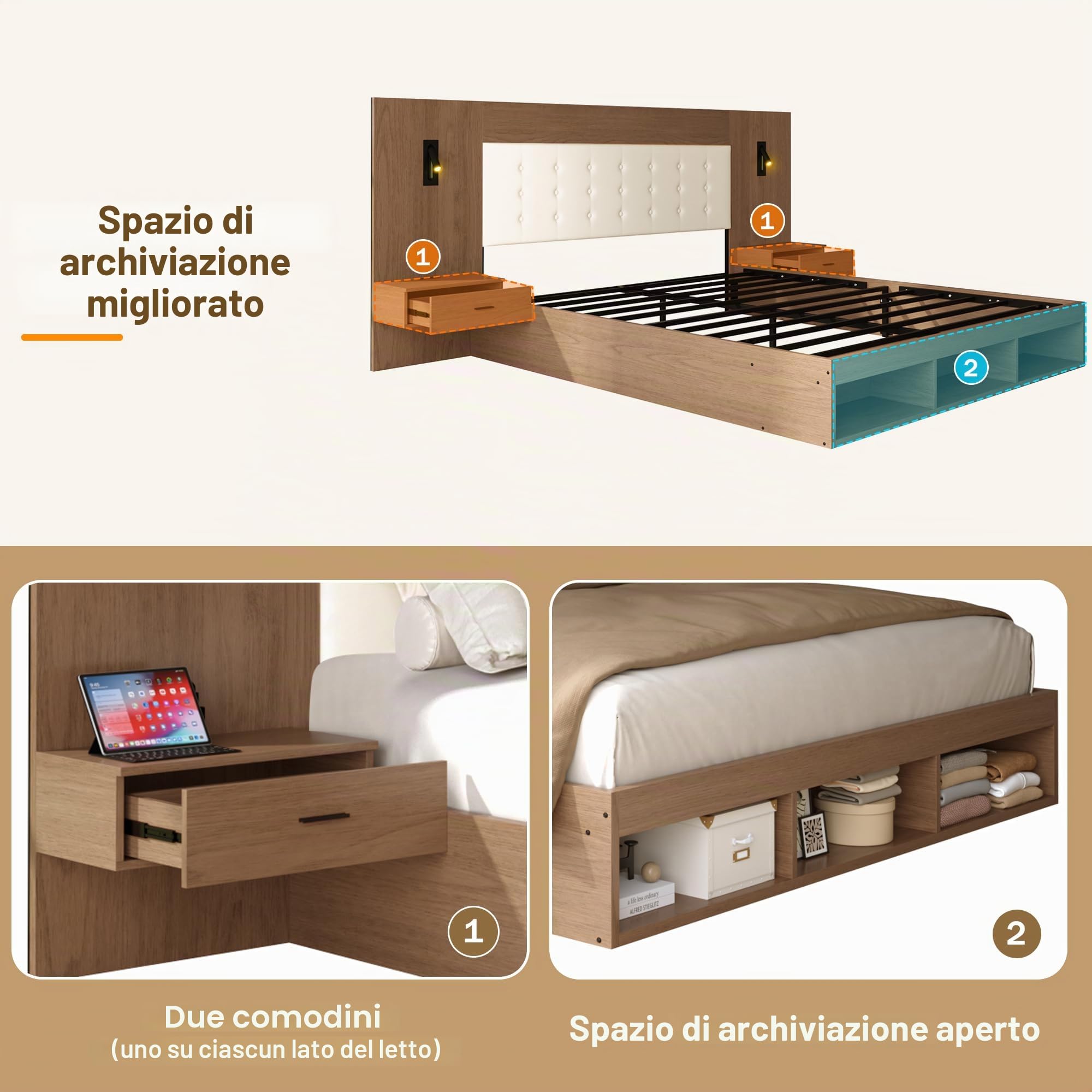 Letto matrimoniale 180x200 con USB e Type-C e lampada da lettura, Letto contenitore con 2 comodini, Struttura letto matrimoniale Legno legno di noce (Senza Materasso)