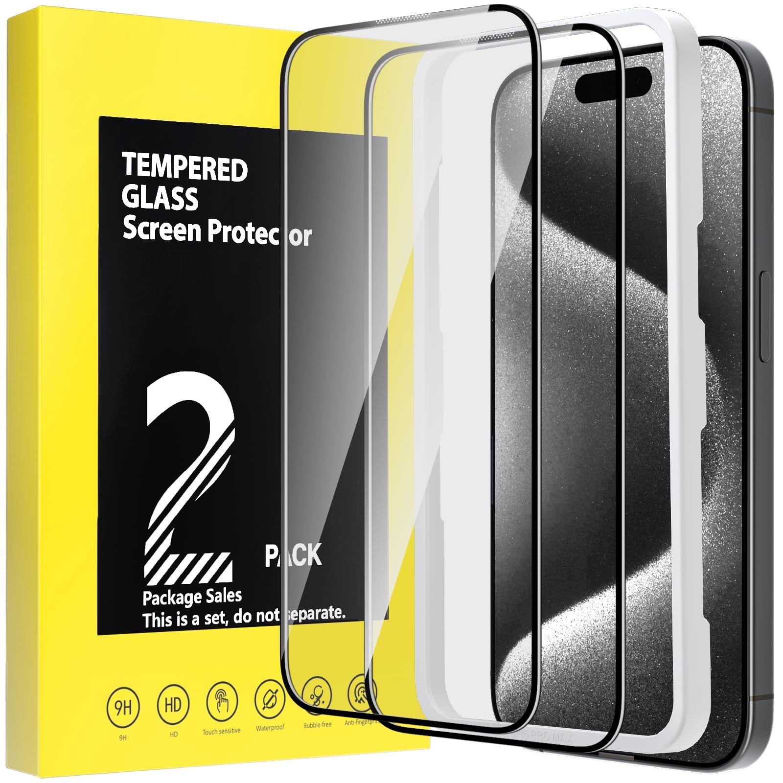 Autoban Protector Pantalla for iPhone 15 Pro Max 6,7 Pulgadas, 2 Piezas Cristal Templado Dureza 9H Protectora Antiarañazos Antihuellas sin Burbujas Ultra Resistente Bordo Negro