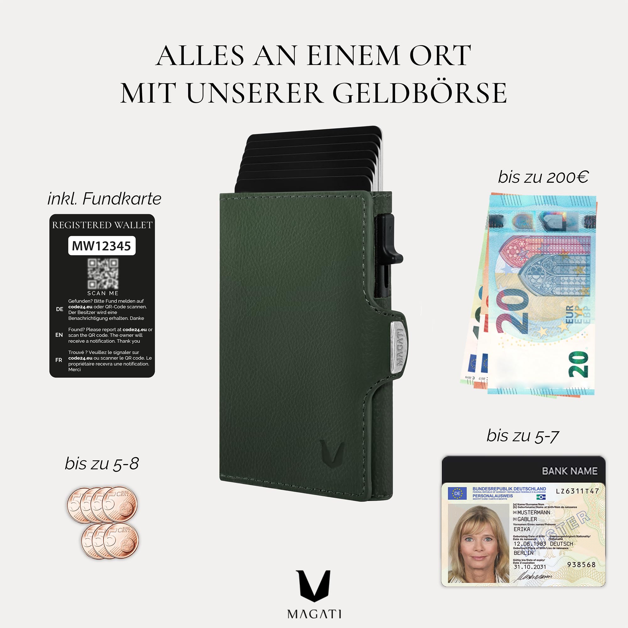 MAGATI Slim Wallet Zani aus Leder mit Fundservice, Kartenetui - Geldbörse mit Münzfach & RFID Blocker, Portmonee mit Kartenhalter & Geldscheinfach, Grün
