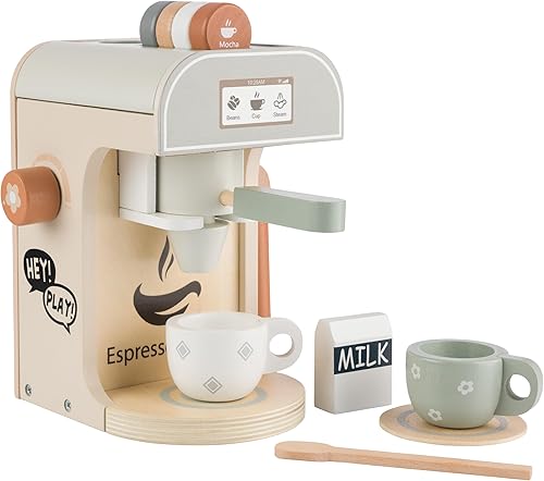 Hey Play - Cafetera de juguete de madera para niños, 11 piezas, juego de cocina para niños con máquina de café, juguete y accesorios de cocina de