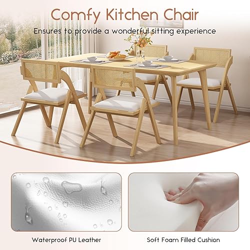 Miniatura 5 de Juego de 2 sillas de comedor plegables color beige, sillas de comedor plegables de madera, modernas sillas de comedor de ratán de cuero de mediados