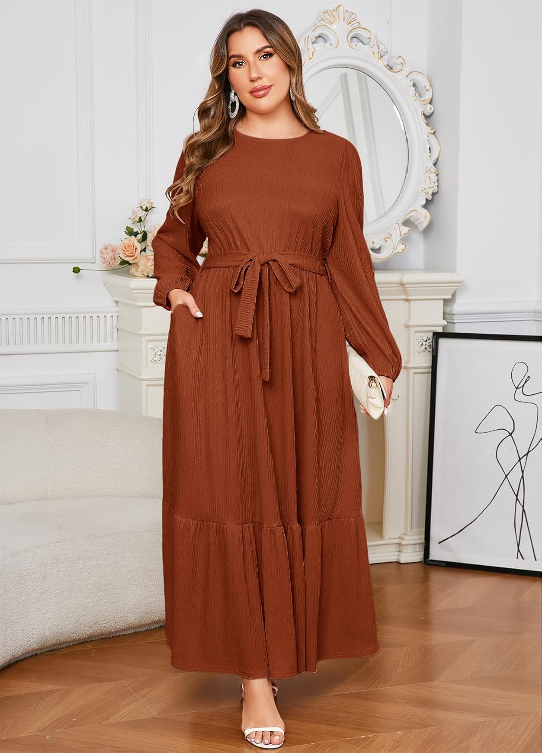 ZOMVA Plus Size Maxi Dress A Line Crew Neck Long Sleeve Elegant Casual Flowy Tiered Dresses with Pockets and Belt - Image 2