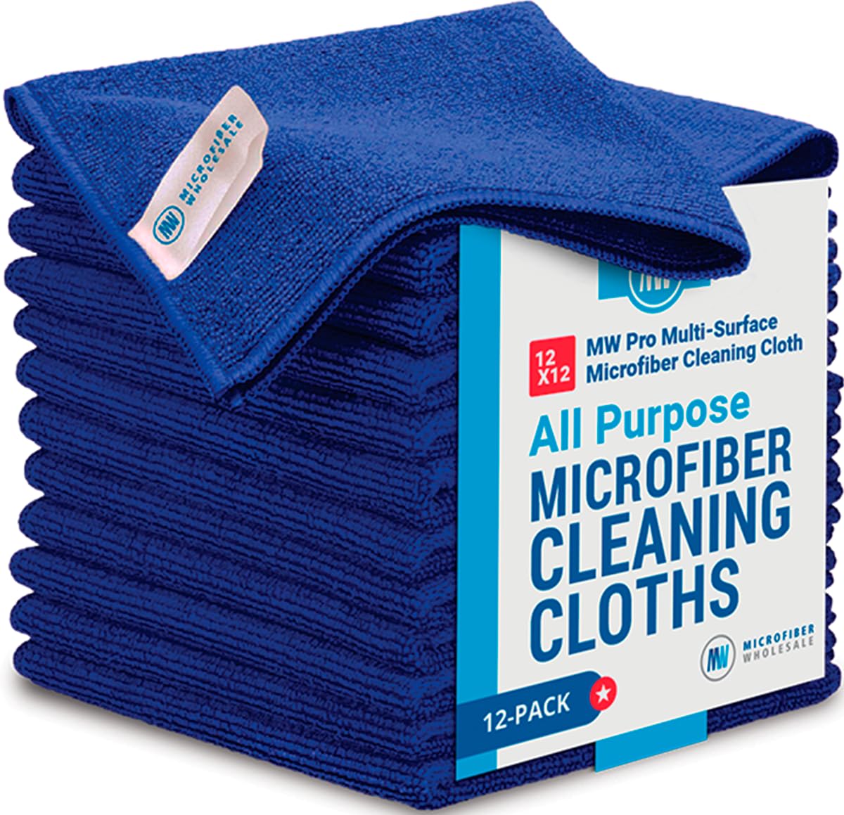 Microfiber Wholesale12" x 12" MW Pro Multi-Surface Cleaning Cloths | Dark Blue - 12 Pack | Premium Towels for Cleaning Glass, Kitchens, Bathrooms, Automotive, Supplies & Products