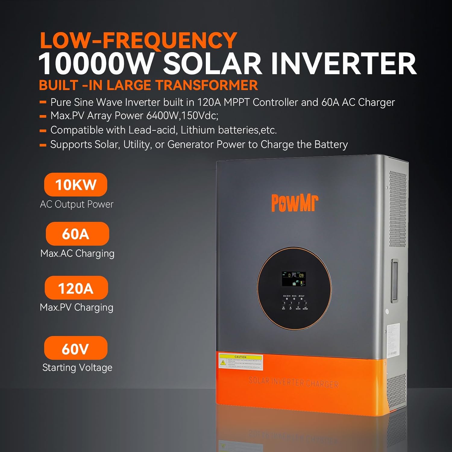 PowMr 10000W Solar Inverter with MPPT features highlighted
