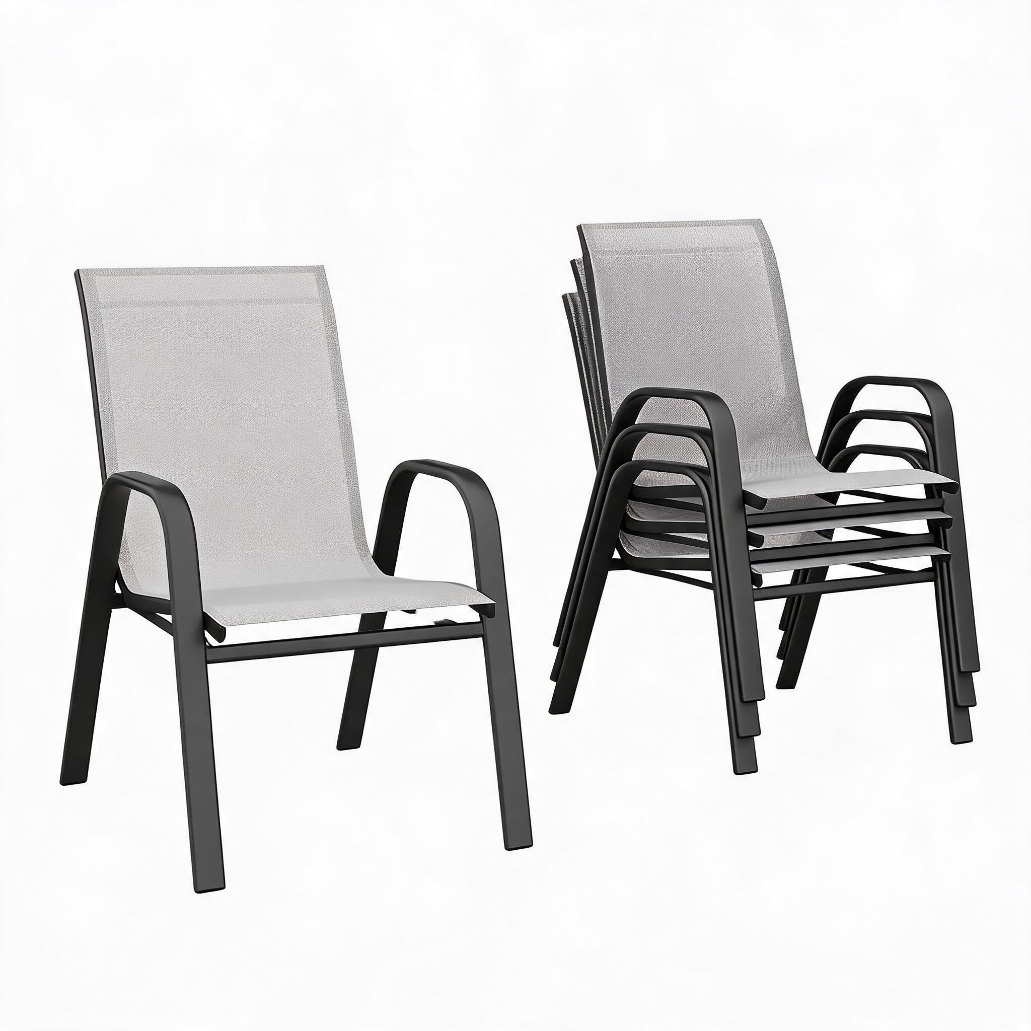 Komfortable Stapelbare Gartenstühle 4er Set – Hohe Rückenlehne, Wetterfest, Metallrahmen, Atmungsaktives Textilene – Outdoor Essstühle Für Terrasse, Balkon, Pool & Garten – Grau