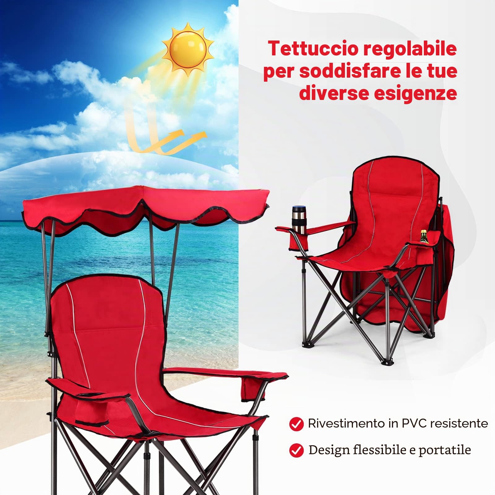 GIANTEX Sedia Pieghevole da Campeggio Leggera con Tetto, 2 Portabicchieri e Borsa per il Trasporto, per Patio, Spiaggia, Campeggio, 91x67x137cm, 2 Colori (Rosso)
