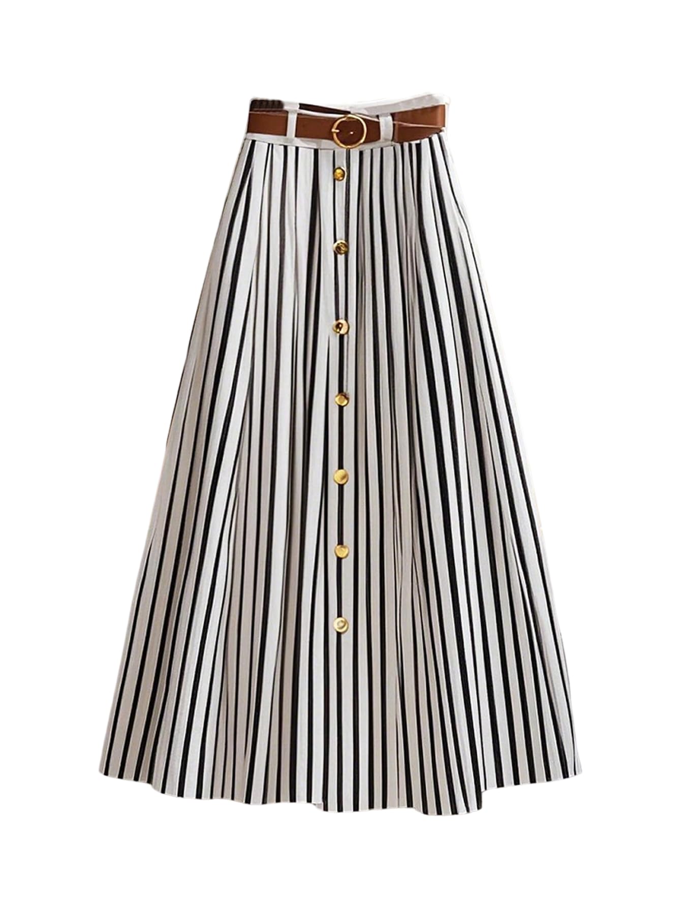 Floerns Womens Elegant Striped A Line Skirt Button Front Office Business Casual Long Skirt with Belt