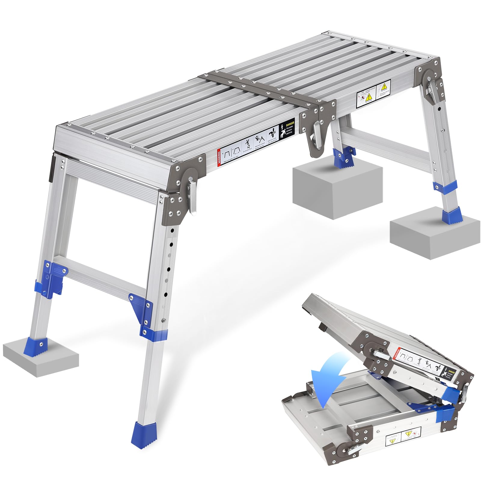 Plataforma de trabajo de aluminio mejorado para escaleras para trabajo y acceso hasta 362 kg, plataforma de trabajo, escalera ajustable de aluminio con cerraduras de seguridad, cojinete