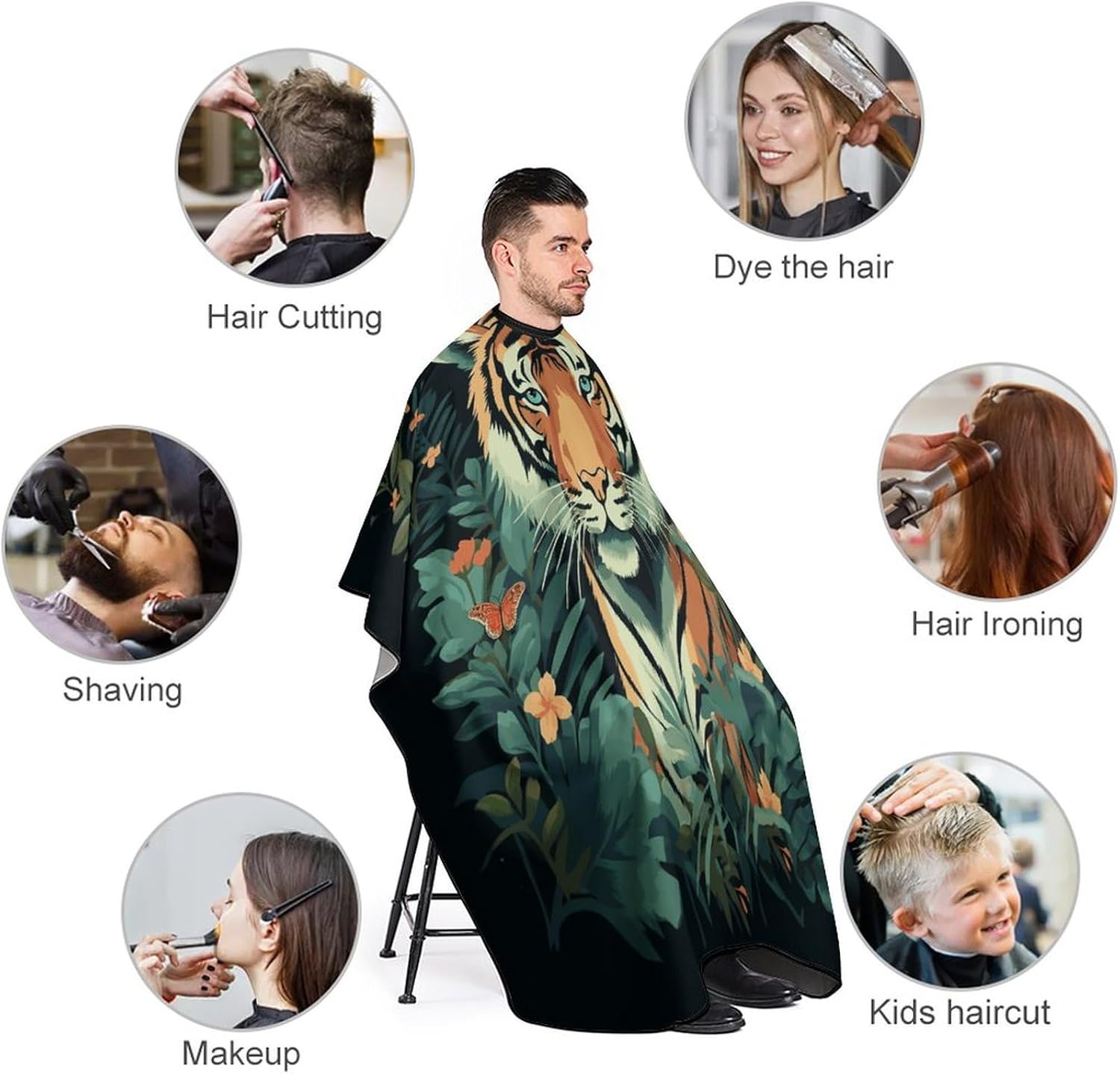 Butterfly And Tiger Apron for Women Men,Barber Cape with Adjustable Snap Closure,Hair Cutting Cape,66.9 X 56.7 Inches for Hair Dye, Comb-out, Styling, Shampoo