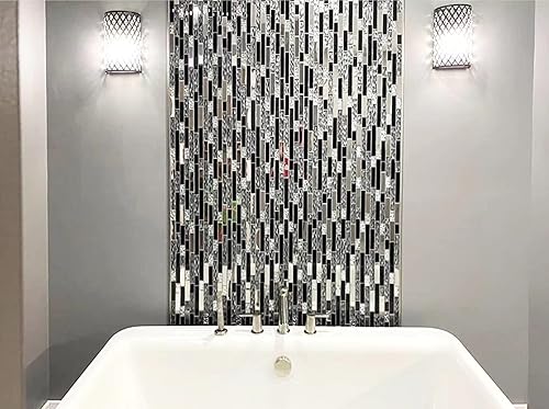 Miniatura 5 de Blujellyfish Azulejos de metal de vidrio, mosaico de seda, cristal negro, cromado, plateado, borde de pared, cocina, baño, azulejos TSTNB12 (5 pies